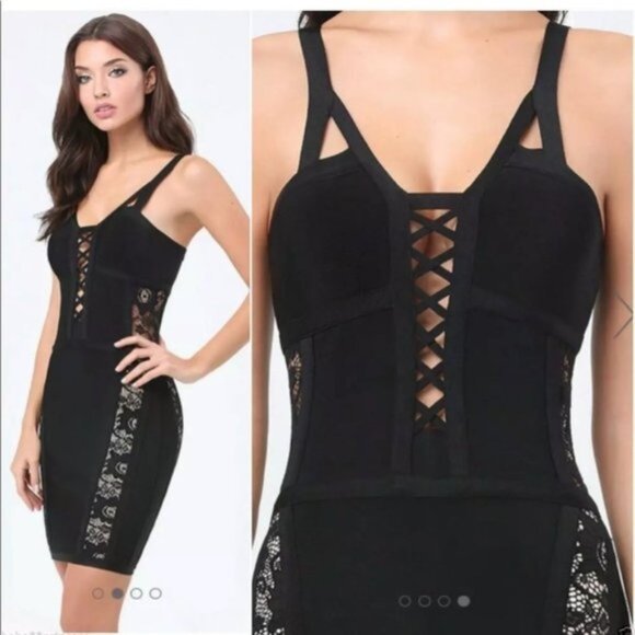 BEBE Spandex Open Lace Sides Criss Cross Bodice Black Mini Dress Size SP NWT - Picture 1 of 4
